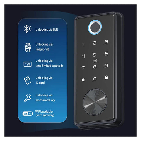 Slick Matte Black Smart Deadbolt Featuring Crisp Bluetooth App Control, digital keypad with fingerprint and passcode options.