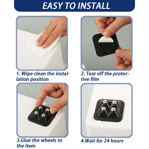 Installation guide for Stick On Adhesive Mini Caster Wheels 360 Degree Swivel Stainless Steel Rollers For Kitchen Appliances Furniture And Storage Bins 20 Lbs Per Wheel Black 8 Pack