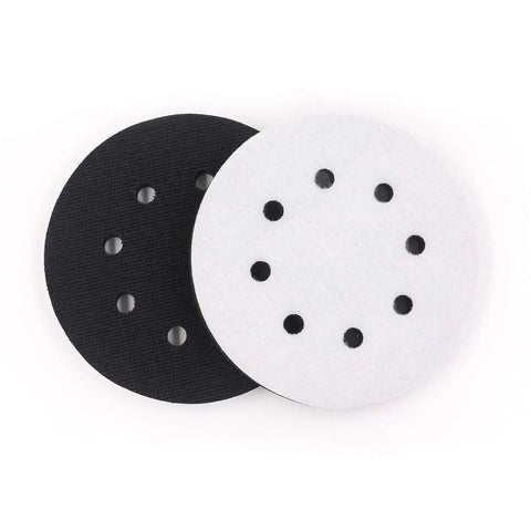 Two of the Five Pack 5 Inch Soft Density Interface Pads With Eight Hole Design, shown in black and white, with Hook And Loop Backing.