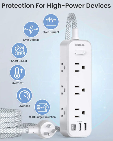 Power Strip Surge Protector With Nine Outlets Two USB Ports And One USB C Three Sided Braided Four And A Half Foot Extension Cord Flat Plug Wall Mount Extender Must Have For Home And Office Desktop Charging Station