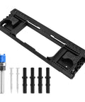 Heavy Duty Hinge Jig Kit For Doors With Eight Size Options From Two Point Five To Six Inches And Five Thicknesses Includes Router Mortise For Precise Install Easy Setup For DIY And Pro Use At Home Or In The Shop. Black plastic frame with drill bit and pegs.