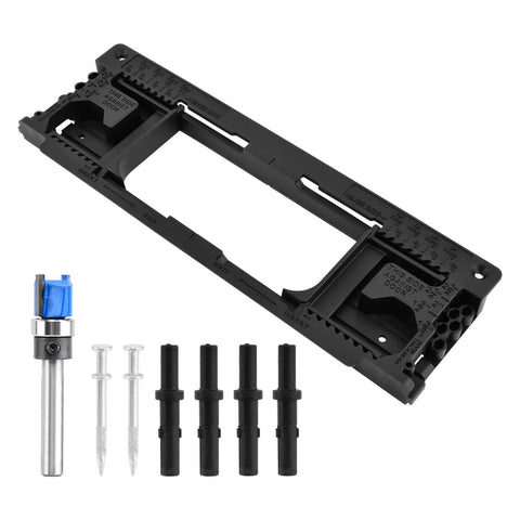Heavy Duty Hinge Jig Kit For Doors With Eight Size Options From Two Point Five To Six Inches And Five Thicknesses Includes Router Mortise For Precise Install Easy Setup For DIY And Pro Use At Home Or In The Shop. Black plastic frame with drill bit and pegs.