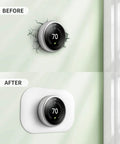 Before and after installation of Thermostat Wall Plate Cover And Trim Kit For First, Second, And Third Gen Smart Thermostats, Snow Finish
