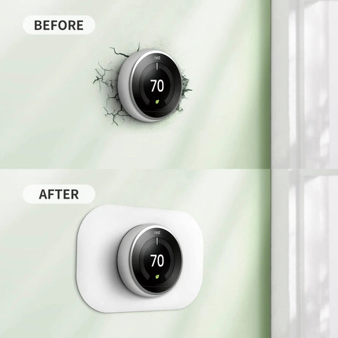 Before and after installation of Thermostat Wall Plate Cover And Trim Kit For First, Second, And Third Gen Smart Thermostats, Snow Finish