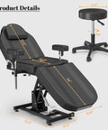 Premium Electric Tattoo Chair Bed With Stool showing dimensions, hydraulic lift, and steel frame in black color.