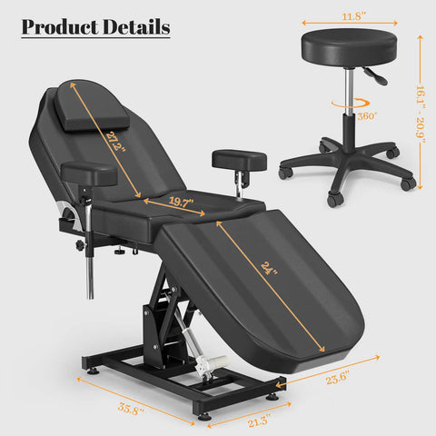 Premium Electric Tattoo Chair Bed With Stool showing dimensions, hydraulic lift, and steel frame in black color.