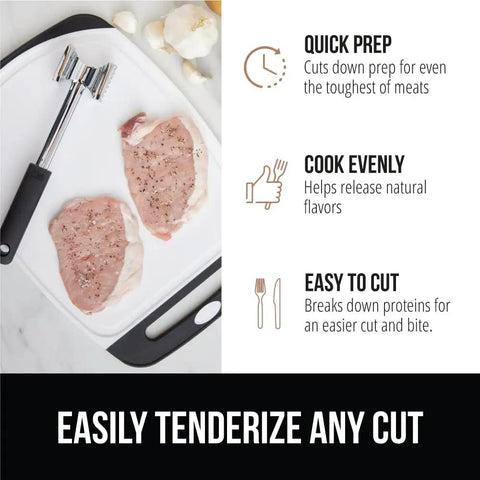 Dual Sided Meat Tenderizer Tool With Patented Design Beefy Heavy Duty Aluminum Mallet on cutting board with raw meat