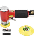 Three Inch Pneumatic Angle Grinder And Eccentric Air Polisher For Smooth Sanding And Oxidation Removal, includes attachments and hose connector.