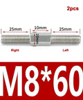 Left And Right Thread Double End Stud Bolts Kit In 304 Stainless Steel, M8 x 60mm, headless design with measurement details.