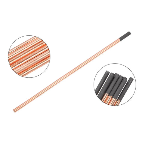 Copper Clad Gouging Carbon Rods Set 6x355mm Electrodes for Cutting and Gouging Metals, close-up of copper coating detail