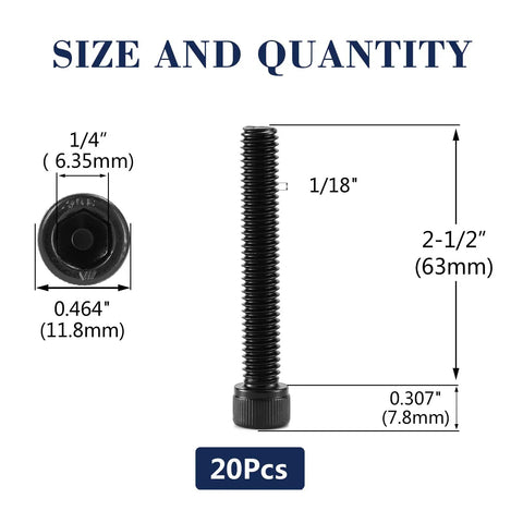 Heavy Hitter 5/16-18 X 2 1/2 Inch Socket Head Cap Screws, 20Pc 304 Stainless Steel Black Oxide sized with measurements.