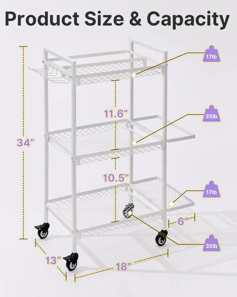 Dimensions of 3 Tier Gym Storage Rack For Home Gym Multi Functional Weight Rack with side basket and 6 hooks, 34" tall, 18" wide.