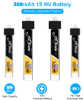 Four Pack BT2.0 300mAh 1S FPV Lipo Battery 3.8V 75C With BT2.0 Plug For Tiny Whoop Drones shown in packaging
