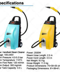 Heavy Duty Steam Cleaner With 3.5L Large Tank Delivers 230F Hot Vapor And 4-5 Bar Pressure For Tough Grease Removal on Kitchen, Car Interiors, Carpets and AC Using Six Versatile Cleaning Accessories For Spotless Results, featuring two color options and specifications.