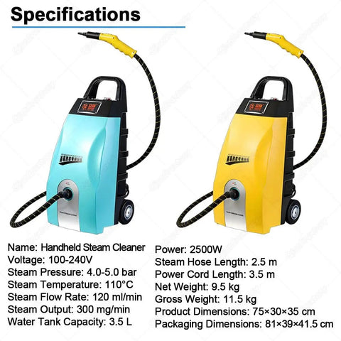 High Power Handheld Steam Cleaner With 6 Piece Accessory Set Delivers 180 Degrees C High Temp Pressure For Deep Cleaning Carpets Tile Grout Car Engines Patio Furniture And Restaurant Equipment Effortlessly Breaking Down Stubborn Grease Easily, shown in two colors.