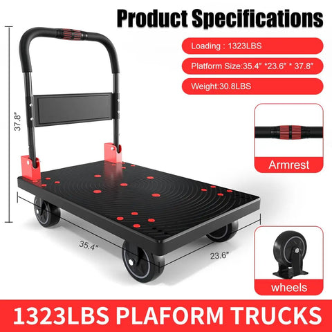 Rock Solid Heavy Duty Folding Platform Cart With Reinforced Steel Frame And 360 Swivel Rubber Casters Rated For 1323 Pounds Great For Jobsite Hauling Or Workshop Tool Transport In A Rugged 35 X 24 Inch Black Finish