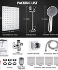 Packing list of 8 Inch High Pressure Rainfall Shower Head and Handheld Shower Combo with 11 Inch Extension Arm, Stainless Steel Hose
