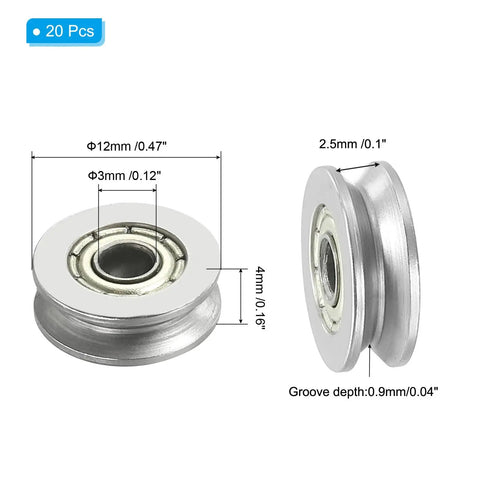 U Groove Bearing 20 Pack 3x12x4mm Carbon Steel Sealed Ball Bearings Rail Roller Wheel Guide Pulley dimensions shown