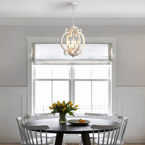 Farmhouse Rustic White Wood Orb Pendant Chandelier For Kitchen Island And Living Room Vintage Vibe 4 Light Fixture in dining room