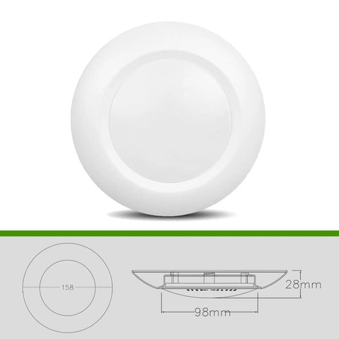 Front view of 10 Pack 4 Inch LED Low Profile Disk Light Recessed and Surface Mount Round 10W 600 Lumens 4000K Cool White CRI 80 Dimmable ETL Listed White Finish No Fuss Easy Install for New Construction or Retrofit with dimensions illustration