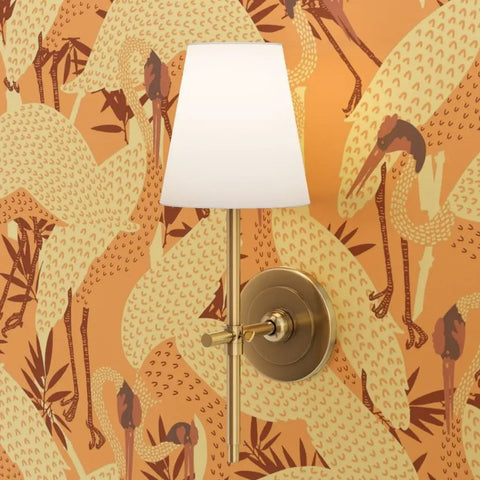 Peach Heron Spring Gold Metallic Wallpaper With Hella Glam Fibrous Texture For Top Shelf Indoor Vibes Professional Paste The Wall Eco Friendly Type I Wall Covering Made In Usa Class A Fire Rated Solid Build with wall sconce.