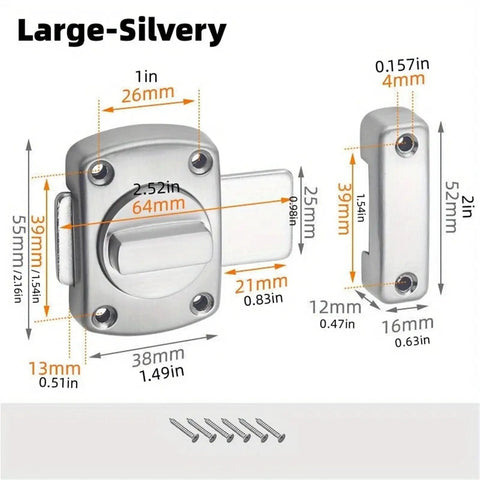 Gate Latch Slide Bolt Latches Lock, Safety Double Sided Hardware(Large Silvery) with detailed measurements and screw set.