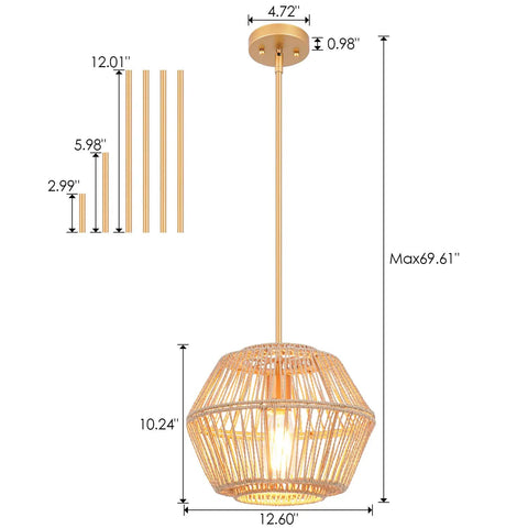 Rattan Pendant Light Fixture With Woven Abaca Rope Shade, Boho Chandelier Hanging Lamp, Natural Wood Gold Finish Accent for Bedroom, Dining Room, Kitchen Island, Entryway