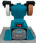 LiebeWH 200W Cordless Mini Bench Grinder With Polishing Kit blue electric sander with grinding pads and battery dock.