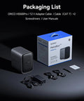 Packaging of Hella Reliable Diskless Nas Storage with AI Album Sorting, showing cables, adapters, and manuals.