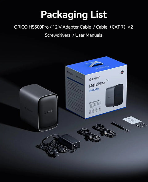 Packaging of Hella Reliable Diskless Nas Storage with AI Album Sorting, showing cables, adapters, and manuals.