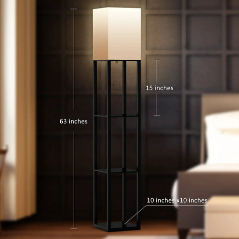 Solid Wood Floor Lamp With Built In Shelves, Modern Three Color Temperature Lighting, Linen Lampshade, Space Saver Shelves