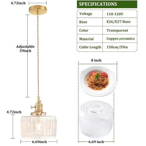2 Pack Vintage Pendant Lights With Clear Striped Glass Shades And Slick Brass Finish Adjustable Hanging Fixtures For Kitchen Island Or Dining Room Featuring Warm Glowing Led Bulbs That Are Gonna Hit Different dimensions and specifications.