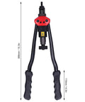 Beefy Pro Grade Heavy Duty Double Handle Hand Riveter Tool With M3 M4 M5 M6 M8 M10 Mandrels And Blind Rivet Nuts Stainless Steel Manual Rivet Nut Gun Kit BT 607 Blackened Steel Industrial Tool Set showing dimensions.
