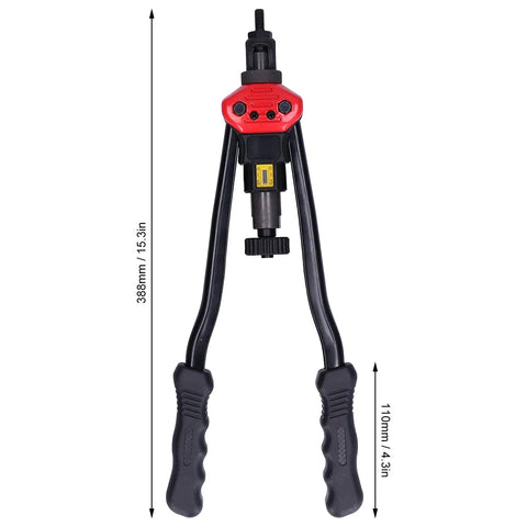 Beefy Pro Grade Heavy Duty Double Handle Hand Riveter Tool With M3 M4 M5 M6 M8 M10 Mandrels And Blind Rivet Nuts Stainless Steel Manual Rivet Nut Gun Kit BT 607 Blackened Steel Industrial Tool Set showing dimensions.