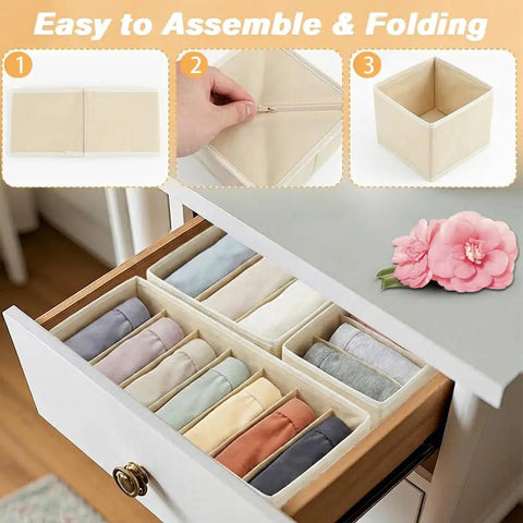 Kick Clutter To The Curb With This Slick Foldable Drawer Organizer Set Of Six Beige Fabric Compartments for tidy clothing storage in drawers.