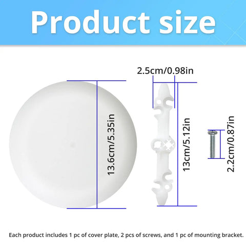 Dimensions of paintable white ceiling box cover plate for 3.5 to 4 inch octagonal and round electrical boxes with screws