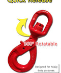 Red swivel lifting hook with self-locking mechanism, 360-degree rotation, designed for heavy-duty cargo lifting, quick release feature.