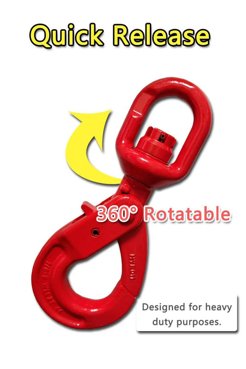Red swivel lifting hook with self-locking mechanism, 360-degree rotation, designed for heavy-duty cargo lifting, quick release feature.