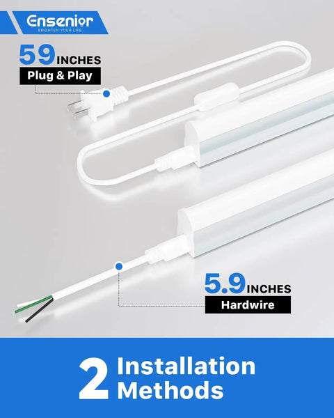 Close-up of installation methods for Eight Pack T5 LED Shop Lights 4 Feet, 2000 Lumens Each, including plug-and-play and hardwire options.