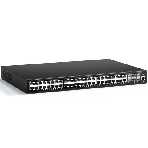 48 Port Gigabit Managed Switch With 6x 10Gbps SFP Plus Uplinks, L3 Smart Management, 216Gbps Switching, desktop or rackmount view