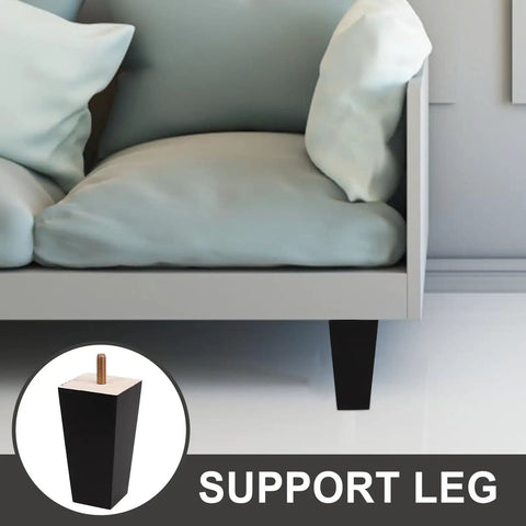 Replacement Black Wood And Iron Sofa And Cabinet Furniture Legs under a couch, showing minimalist design and solid support