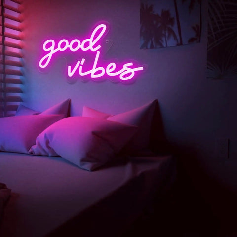 Bedroom with pink glow from Good Vibes Pink Neon Sign With Dimmable USB Power Ultra Bright LED Wall Light For Bedroom