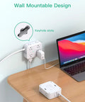 Beefy 12-Device Power Strip With 10Ft Cord Flat Plug Wall Mount 8 AC Outlets And 4 USB Ports (1 USB-C) next to laptop