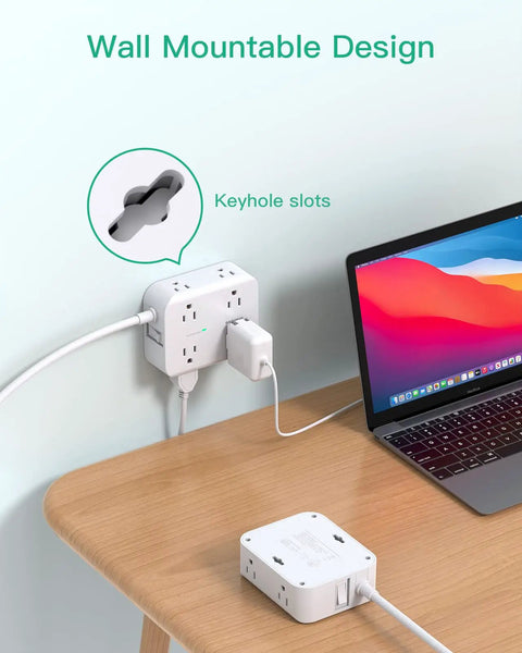 Beefy 12-Device Power Strip With 10Ft Cord Flat Plug Wall Mount 8 AC Outlets And 4 USB Ports (1 USB-C) next to laptop