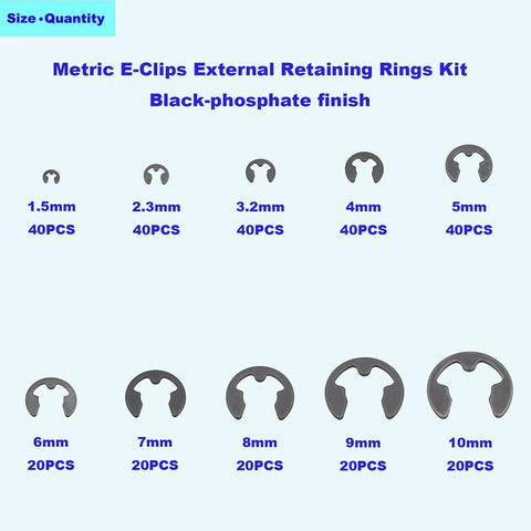 External Retaining Ring E Clip Assortment Kit With 300 Pieces In Ten Metric Sizes From 1.5mm To 10mm Black Alloy Steel Circlips
