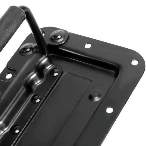 Close-up of matte black Six Pack 6 By 4 Inch Spring Loaded Recessed Handles for cabinets, showing padded grip and durable alloy metal construction