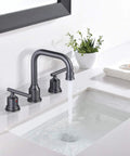 Dark Grey Widespread Brass Bathroom Faucet Set 3 Hole Vanity Tap With Drain And Supply Lines 2 Handle Basin Mixer Taps Installed