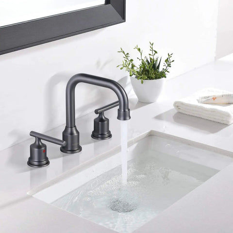 Dark Grey Widespread Brass Bathroom Faucet Set 3 Hole Vanity Tap With Drain And Supply Lines 2 Handle Basin Mixer Taps Installed