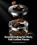 Hella Consistent Grind Flat Burr Coffee Bean Crusher with metal burrs and coffee beans for even grinding.