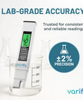 4-In-1 TDS Meter Digital Water Tester for drinking water showing 45 PPM reading in beaker, lab-grade accuracy, trusted results.